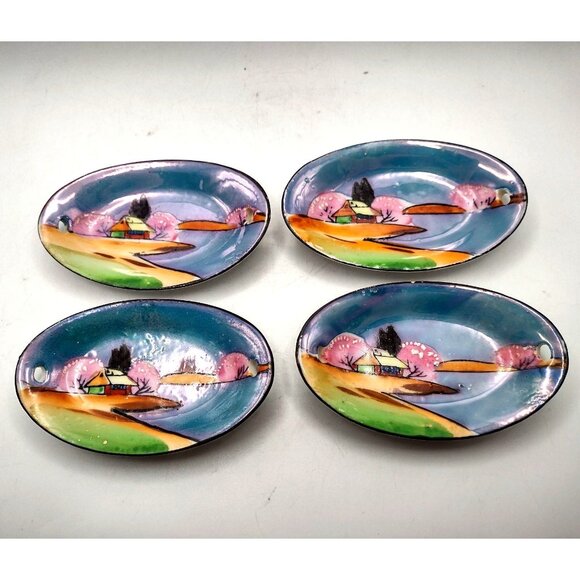 Antique Hand-Painted Japan Porcelain Trinket Dish Set Of 4 Oval Plates 2.5x4" - Picture 1 of 8